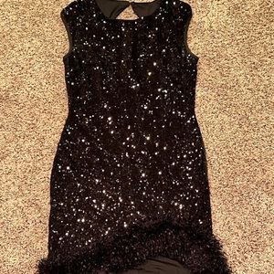 Ladies sexy cocktail dress. Black with intricate sequin and fancy fur-like hem.